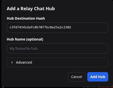 MeshChatX Add a Relay Chat Hub dialog with the ShadowNode Relay Chat destination hash entered.