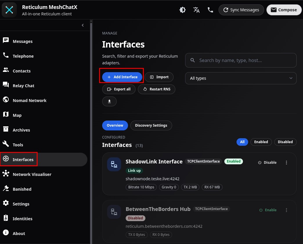 MeshChatX Interfaces page with Interfaces selected and Add Interface highlighted, showing an enabled ShadowLink Interface connected to shadownode.teske.live:4242.