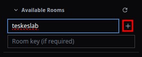 MeshChatX Available Rooms section with the teskeslab room name entered and the add button highlighted.