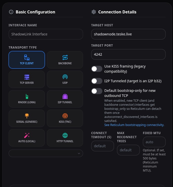 MeshChatX Add Interface form configured as a TCP client for shadownode.teske.live on port 4242, with KISS framing, I2P tunneling, and bootstrap-only disabled.