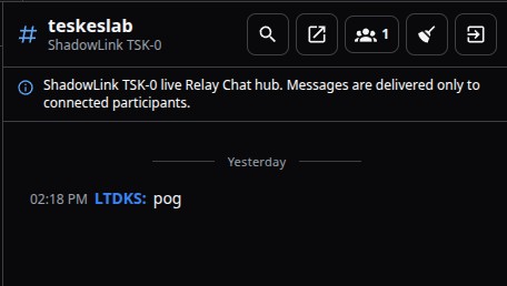 MeshChatX teskeslab Relay Chat room showing the connected ShadowLink TSK-0 hub and a message.